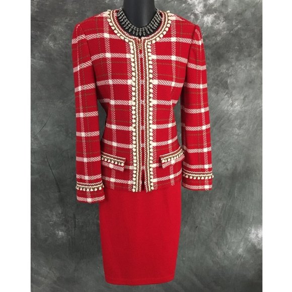 BEAUTIFUL St John collection knit red white fringe skirt suit size 6 - Picture 1 of 7